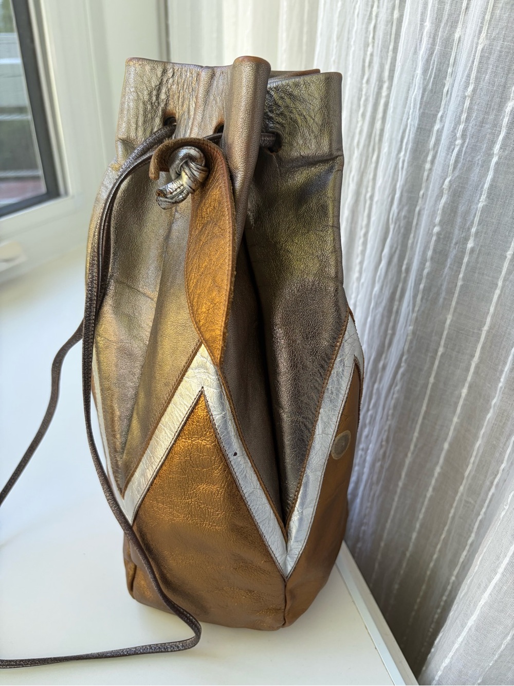 Vtg Holt Renfrew Metallic Leather Bucket Bag Italy Drawstring Patchwork 35" Y2K - Picture 2 of 13